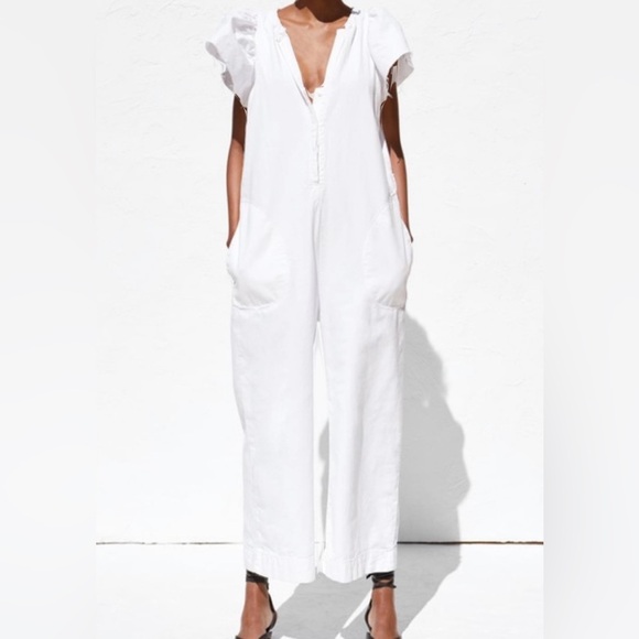 Zara White Rustic Cap Flutter Sleeve Jumpsuit Belted Cotton Summer Sz Small - Picture 4 of 16